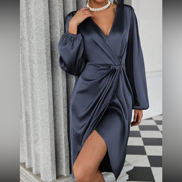 Luxe lantern sleeve wrap hem dress - Picture 12 of 16